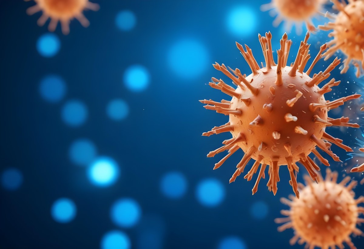 3d Model A Microscopic View Of A Coronavirus Particle Featuring A Spherical Core With Protruding Spikes Set Against A Blurred Blue Background With Bokeh Effects Figure Octane Render Volumetric Highly Detailed Vid 8 3bd2