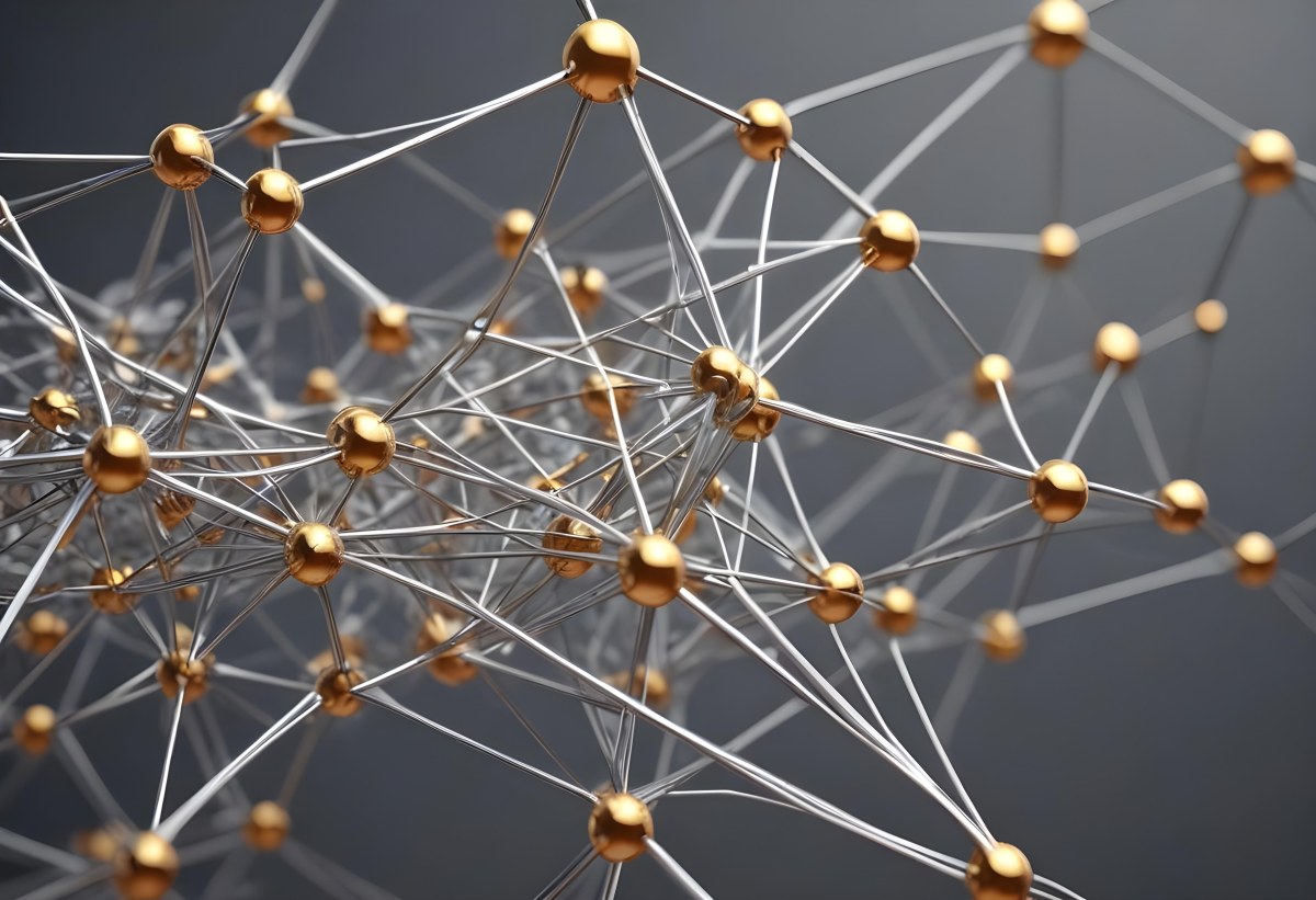 3d Model Abstract Network Of Interconnected Silver Lines With Golden Nodes Creating A Complex Web Like Structure Against A Blurred Gray Background Figure Octane Render Volumetric Highly Detailed Videogame Aestheti 67 1a4c