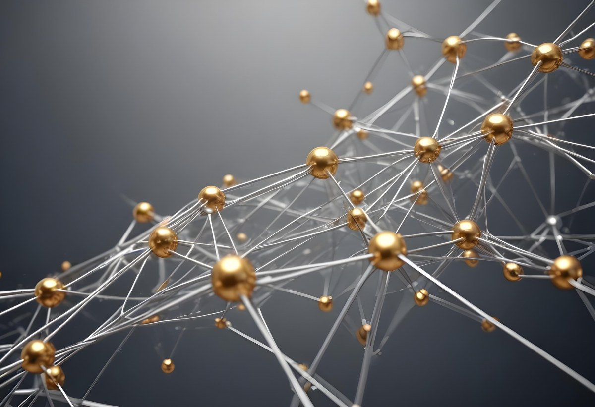 3d Model Abstract Network Of Interconnected Silver Lines With Golden Nodes Creating A Complex Web Like Structure Against A Blurred Gray Background Figure Octane Render Volumetric Highly Detailed Videogame Aestheti 7 8449