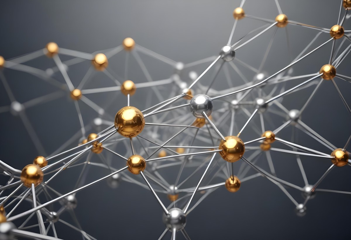 3d Model Abstract Network Of Interconnected Silver Lines With Golden Nodes Creating A Complex Web Like Structure Against A Blurred Gray Background Figure Octane Render Volumetric Highly Detailed Videogame Aestheti 8 C632