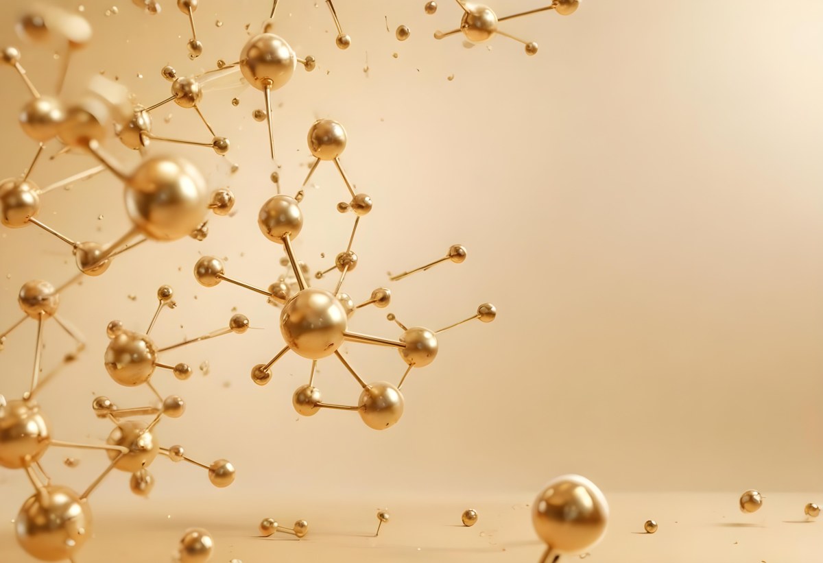 3d Model Golden Molecules Floating In A Bright Background With Small Shiny Particles Perfect For Cosmetic Product Presentation Elegant And Modern Design Figure Octane Render Volumetric Highly Detailed Videogame Aes 17 740b