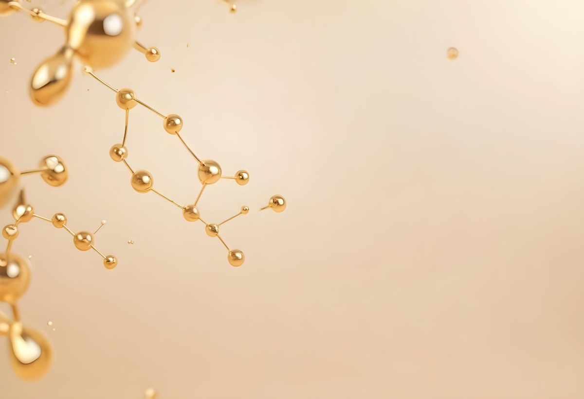 3d Model Golden Molecules Floating In A Bright Background With Small Shiny Particles Perfect For Cosmetic Product Presentation Elegant And Modern Design Figure Octane Render Volumetric Highly Detailed Videogame Aes 23 Dbf5