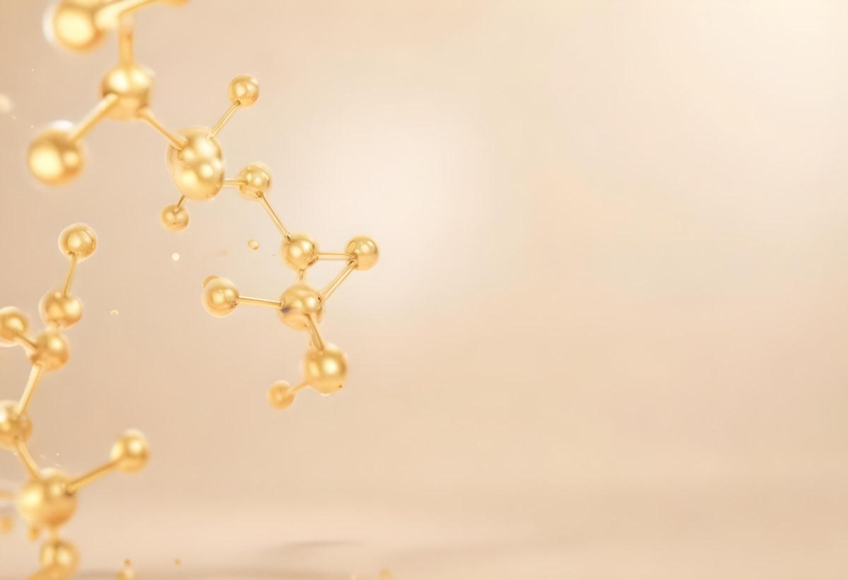 3d Model Golden Molecules Floating In A Bright Background With Small Shiny Particles Perfect For Cosmetic Product Presentation Elegant And Modern Design Figure Octane Render Volumetric Highly Detailed Videogame Aes 30 C3fa