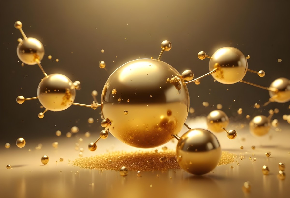 3d Model Golden Molecules Floating In A Bright Background With Small Shiny Particles Perfect For Cosmetic Product Presentation Elegant And Modern Design Figure Octane Render Volumetric Highly Detailed Videogame Aes 35 F384