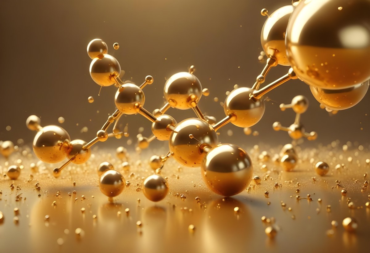 3d Model Golden Molecules Floating In A Bright Background With Small Shiny Particles Perfect For Cosmetic Product Presentation Elegant And Modern Design Figure Octane Render Volumetric Highly Detailed Videogame Aes 44 13c8