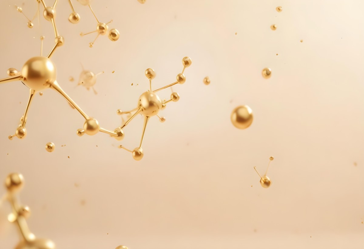 3d Model Golden Molecules Floating In A Bright Background With Small Shiny Particles Perfect For Cosmetic Product Presentation Elegant And Modern Design Figure Octane Render Volumetric Highly Detailed Videogame Aes 63 5a71