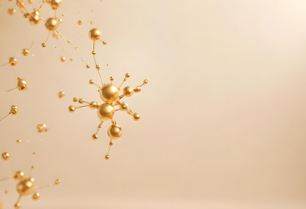 3d Model Golden Molecules Floating In A Bright Background With Small Shiny Particles Perfect For Cosmetic Product Presentation Elegant And Modern Design Figure Octane Render Volumetric Highly Detailed Videogame Aes 64 C521