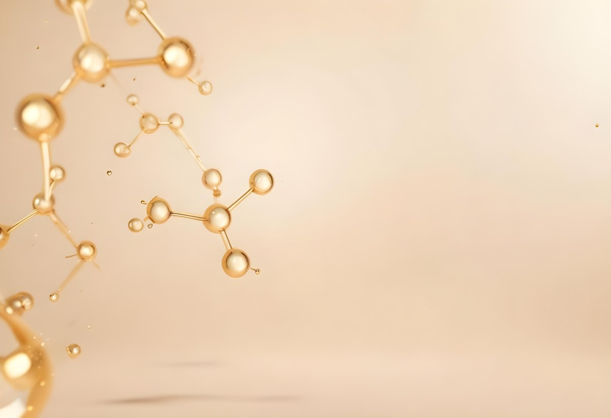 3d Model Golden Molecules Floating In A Bright Background With Small Shiny Particles Perfect For Cosmetic Product Presentation Elegant And Modern Design Figure Octane Render Volumetric Highly Detailed Videogame Aes 66 Cea0