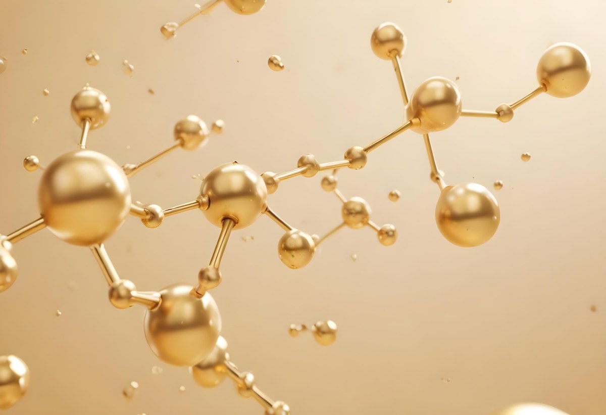 3d Model Golden Molecules Floating In A Bright Background With Small Shiny Particles Perfect For Cosmetic Product Presentation Elegant And Modern Design Figure Octane Render Volumetric Highly Detailed Videogame Aes 67 A281