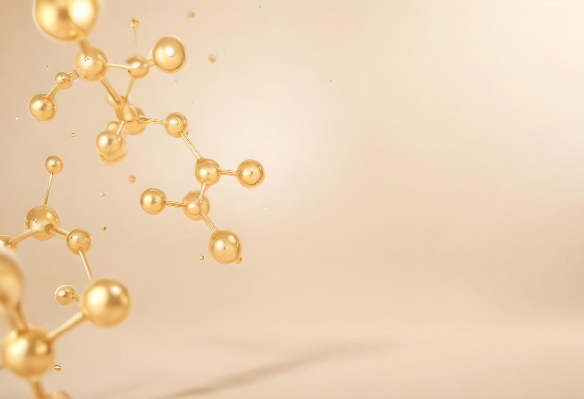 3d Model Golden Molecules Floating In A Bright Background With Small Shiny Particles Perfect For Cosmetic Product Presentation Elegant And Modern Design Figure Octane Render Volumetric Highly Detailed Videogame Aes 68 734b