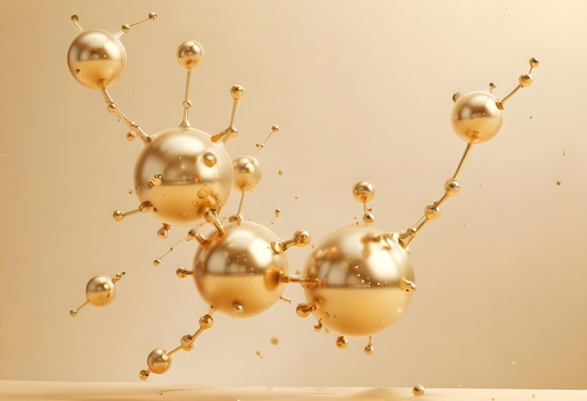 3d Model Golden Molecules Floating In A Bright Background With Small Shiny Particles Perfect For Cosmetic Product Presentation Elegant And Modern Design Figure Octane Render Volumetric Highly Detailed Videogame Aes 69 2ee8