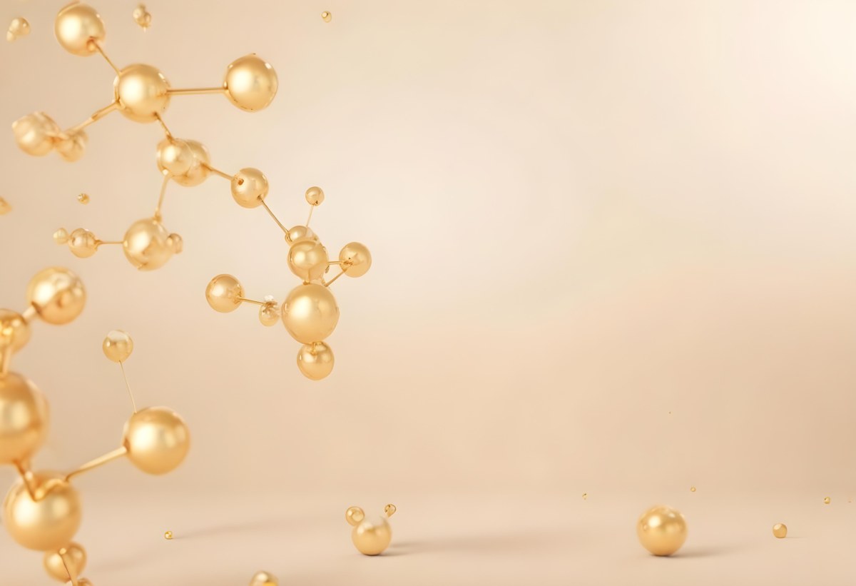 3d Model Golden Molecules Floating In A Bright Background With Small Shiny Particles Perfect For Cosmetic Product Presentation Elegant And Modern Design Figure Octane Render Volumetric Highly Detailed Videogame Aes 7 6c76