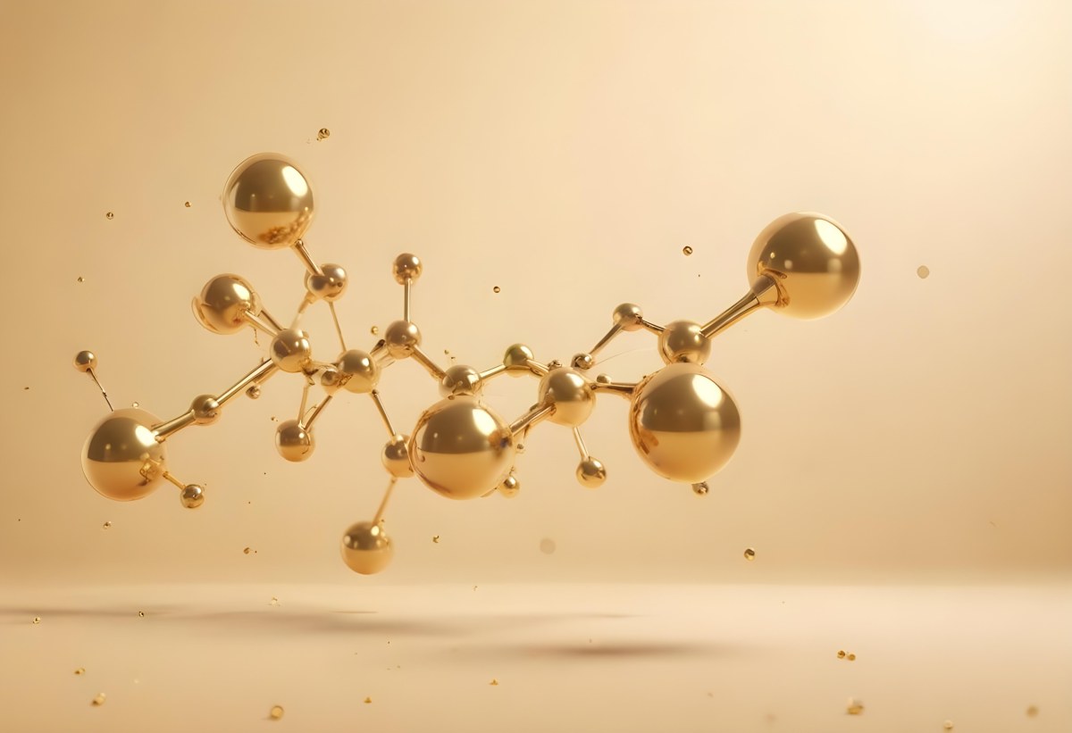 3d Model Golden Molecules Floating In A Bright Background With Small Shiny Particles Perfect For Cosmetic Product Presentation Elegant And Modern Design Figure Octane Render Volumetric Highly Detailed Videogame Aes 9 96c3