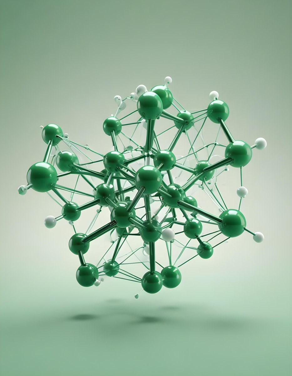 3d Model Green Molecule Structure With Interconnected Spheres And Thin Connecting Lines Against A Gradient White And Green Background Science Concept Organic Chemistry Figure Octane Render Volumetric Highly Detai 45 B10d