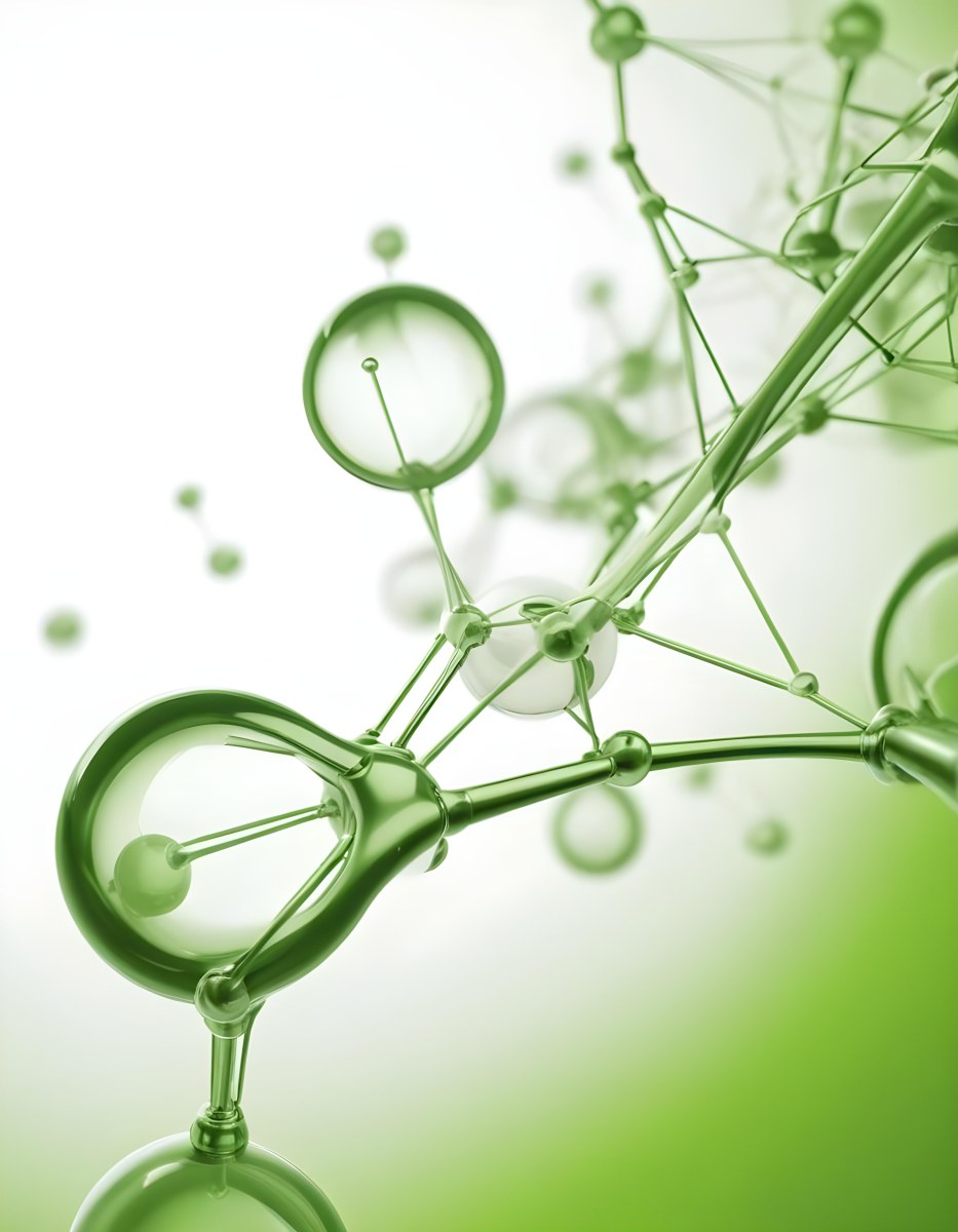 3d Model Green Molecule Structure With Interconnected Spheres And Thin Connecting Lines Against A Gradient White And Green Background Science Concept Organic Chemistry Figure Octane Render Volumetric Highly Detai 9 3d4e