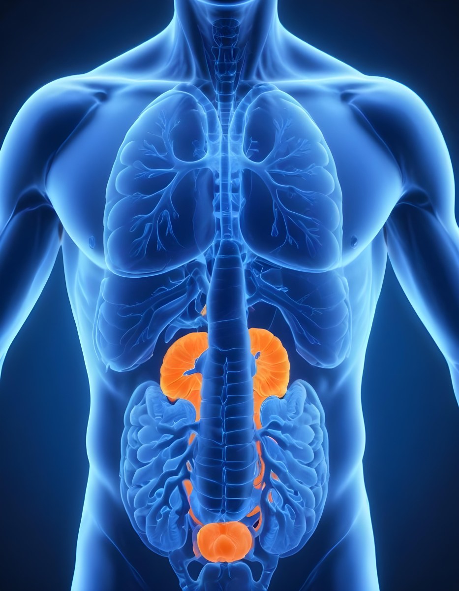 3d Model Human Anatomy With Lungs Intestines And Kidneys Highlighted In Orange Set Against A Blue Background Showcasing The Internal Structure Of The Body Figure Octane Render Volumetric Highly Detailed Videoga 6 58bd