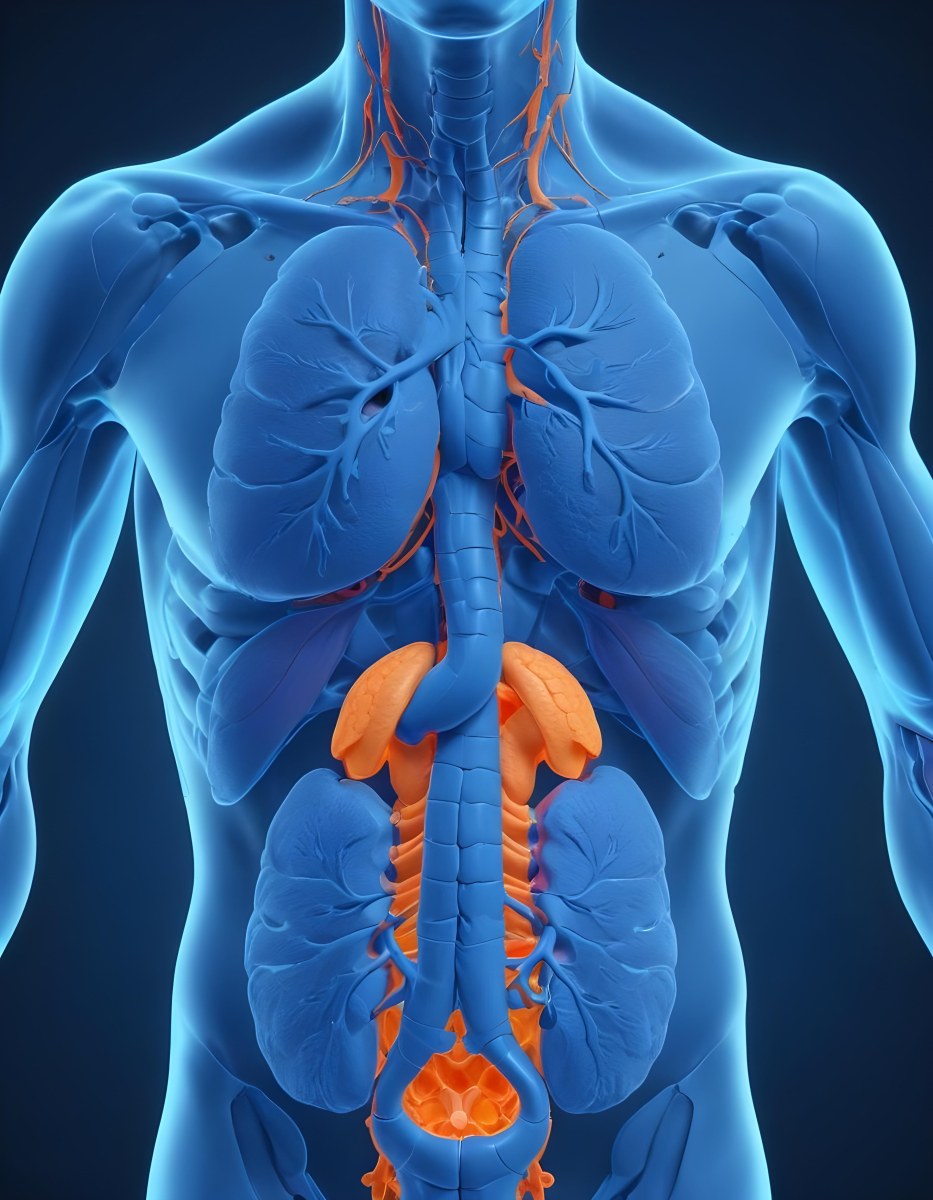 3d Model Human Anatomy With Lungs Intestines And Kidneys Highlighted In Orange Set Against A Blue Background Showcasing The Internal Structure Of The Body Figure Octane Render Volumetric Highly Detailed Videoga 7 8d0f