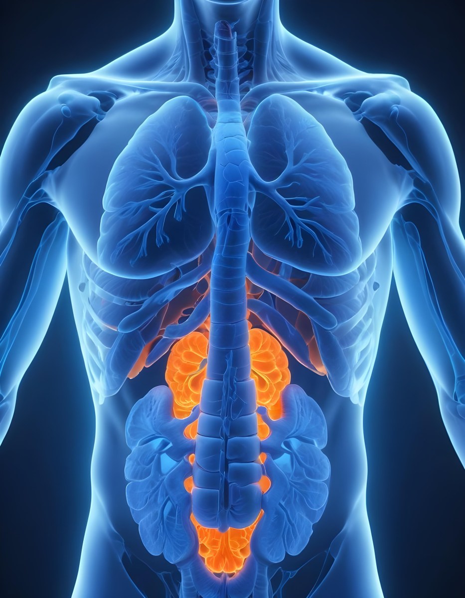 3d Model Human Anatomy With Lungs Intestines And Kidneys Highlighted In Orange Set Against A Blue Background Showcasing The Internal Structure Of The Body Figure Octane Render Volumetric Highly Detailed Videoga 8 7535