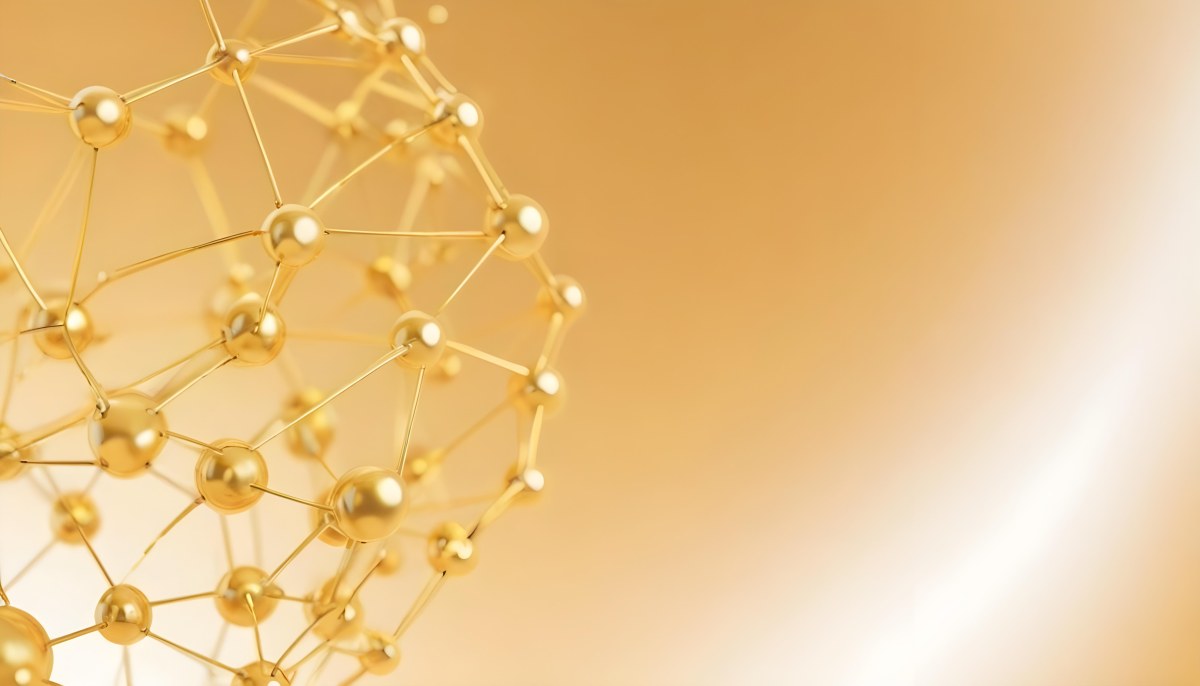 3d Model Molecular Structure With Golden Spheres Connected By Thin Lines Soft Golden Gradient Background Scientific Visualization Conceptual Design Modern Aesthetic Figure Octane Render Volumetric Highly Detailed 9 D9ad