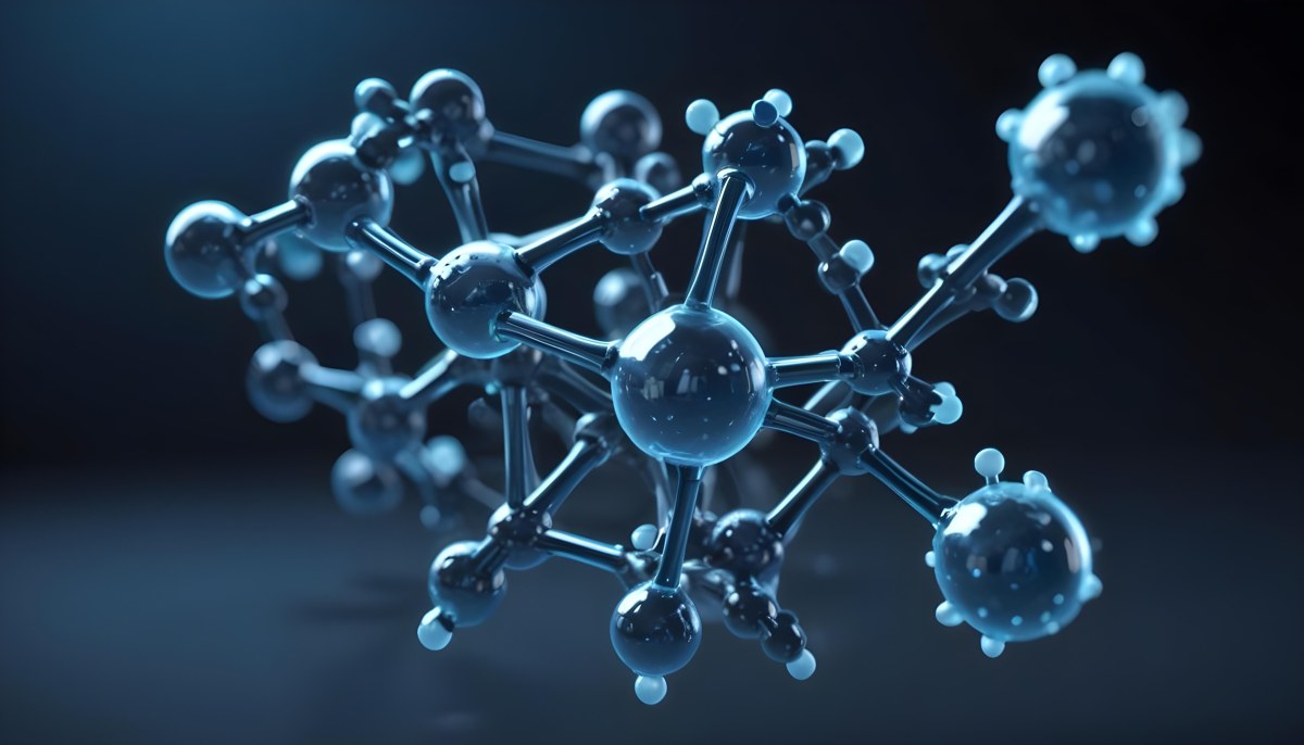 3d Model Molecule Structure With Interconnected Spheres Transparent Material Blue Tint Scientific Visualization Dark Background With Bokeh Effect Representing Molecular Connections And Research Figure Octane Rend 13 A5af