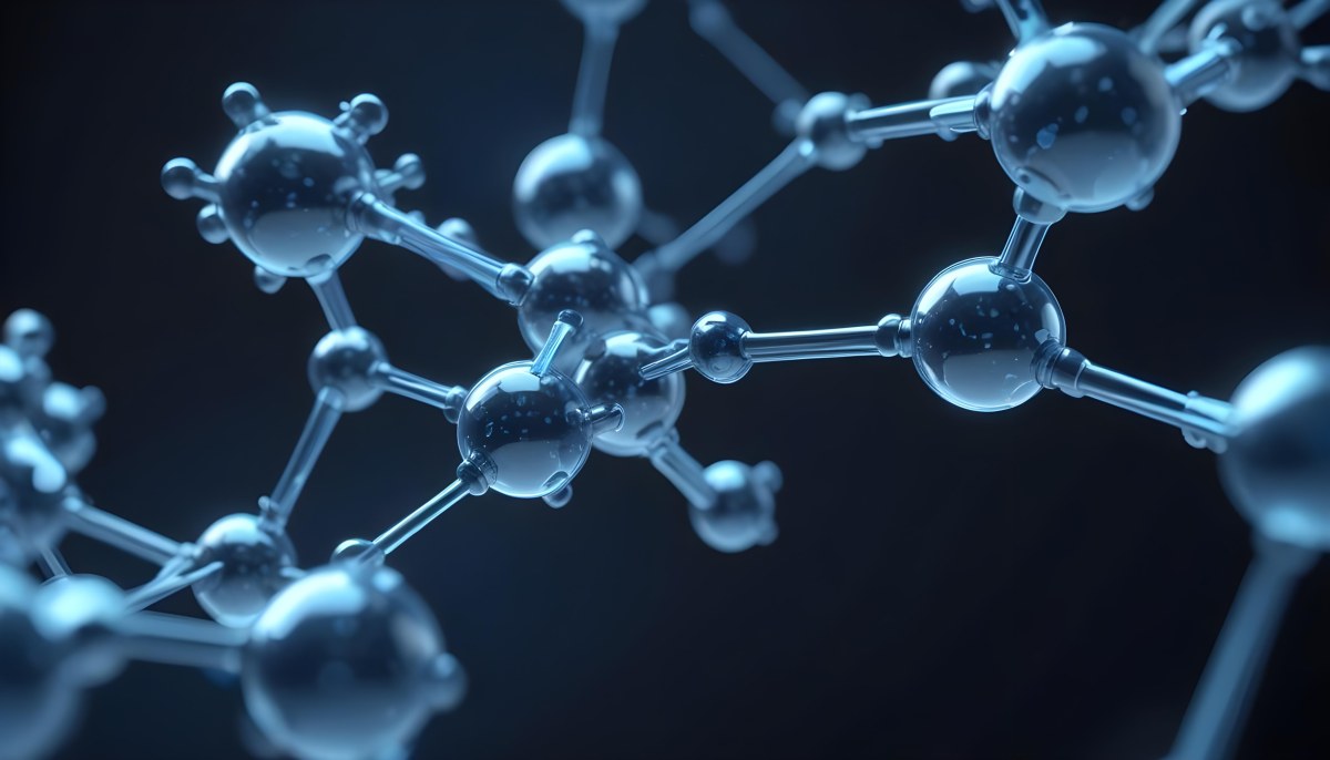 3d Model Molecule Structure With Interconnected Spheres Transparent Material Blue Tint Scientific Visualization Dark Background With Bokeh Effect Representing Molecular Connections And Research Figure Octane Rend 16 4e2b