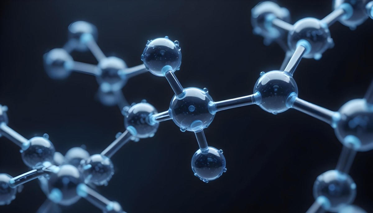3d Model Molecule Structure With Interconnected Spheres Transparent Material Blue Tint Scientific Visualization Dark Background With Bokeh Effect Representing Molecular Connections And Research Figure Octane Rend 22 0711