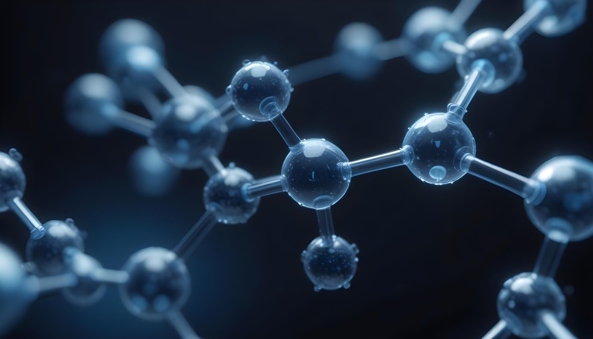 3d Model Molecule Structure With Interconnected Spheres Transparent Material Blue Tint Scientific Visualization Dark Background With Bokeh Effect Representing Molecular Connections And Research Figure Octane Rend 26 1285