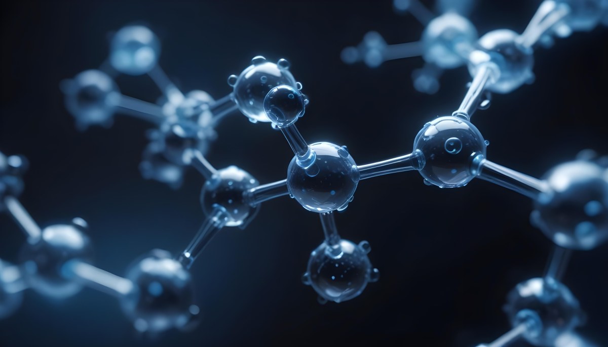 3d Model Molecule Structure With Interconnected Spheres Transparent Material Blue Tint Scientific Visualization Dark Background With Bokeh Effect Representing Molecular Connections And Research Figure Octane Rend 30 F06a