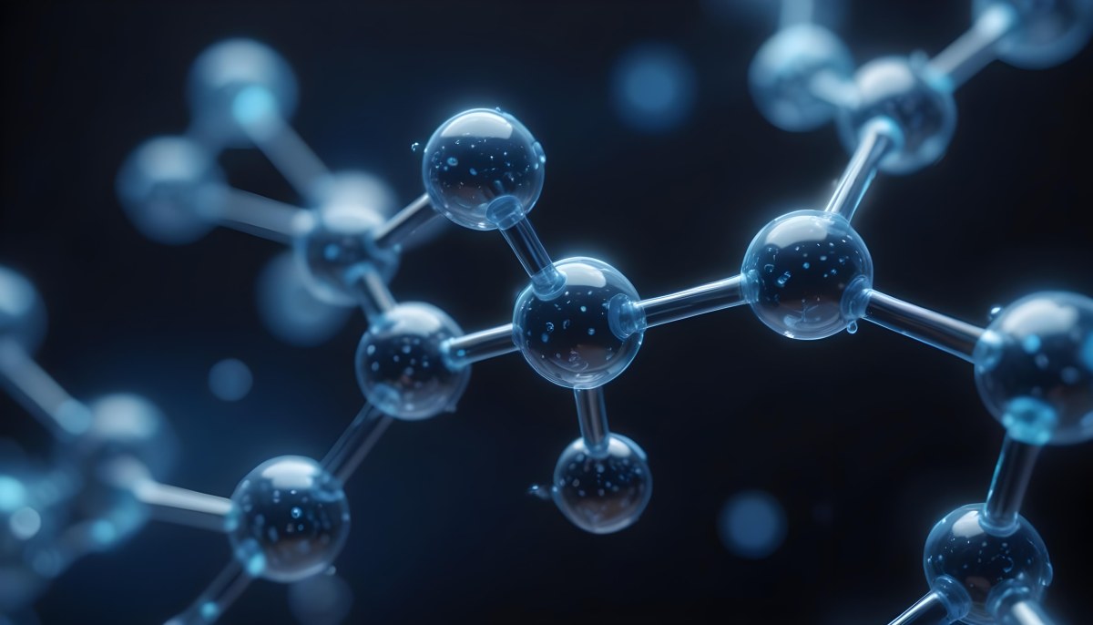 3d Model Molecule Structure With Interconnected Spheres Transparent Material Blue Tint Scientific Visualization Dark Background With Bokeh Effect Representing Molecular Connections And Research Figure Octane Rend 31 A554