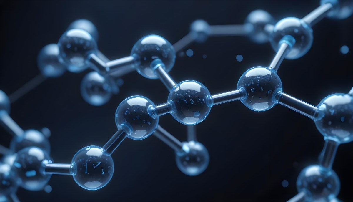 3d Model Molecule Structure With Interconnected Spheres Transparent Material Blue Tint Scientific Visualization Dark Background With Bokeh Effect Representing Molecular Connections And Research Figure Octane Rend 33 6533