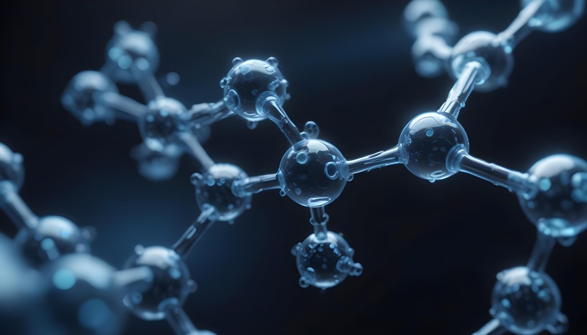 3d Model Molecule Structure With Interconnected Spheres Transparent Material Blue Tint Scientific Visualization Dark Background With Bokeh Effect Representing Molecular Connections And Research Figure Octane Rend 34 3c94