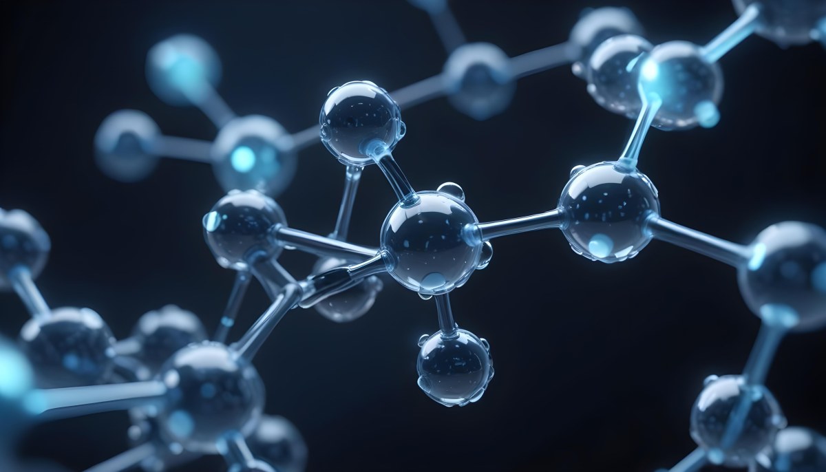 3d Model Molecule Structure With Interconnected Spheres Transparent Material Blue Tint Scientific Visualization Dark Background With Bokeh Effect Representing Molecular Connections And Research Figure Octane Rend 35 8e9c