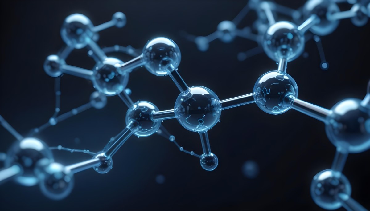 3d Model Molecule Structure With Interconnected Spheres Transparent Material Blue Tint Scientific Visualization Dark Background With Bokeh Effect Representing Molecular Connections And Research Figure Octane Rend 4 C250