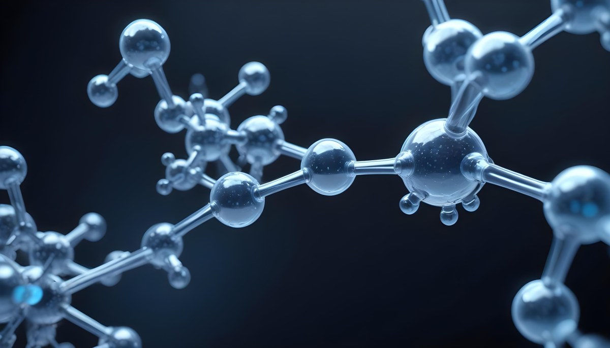 3d Model Molecule Structure With Interconnected Spheres Transparent Material Blue Tint Scientific Visualization Dark Background With Bokeh Effect Representing Molecular Connections And Research Figure Octane Rend 5 95ce