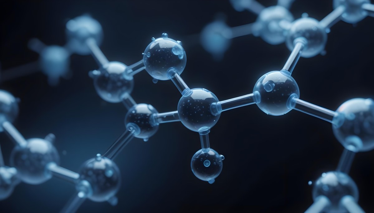 3d Model Molecule Structure With Interconnected Spheres Transparent Material Blue Tint Scientific Visualization Dark Background With Bokeh Effect Representing Molecular Connections And Research Figure Octane Rend 6 4324