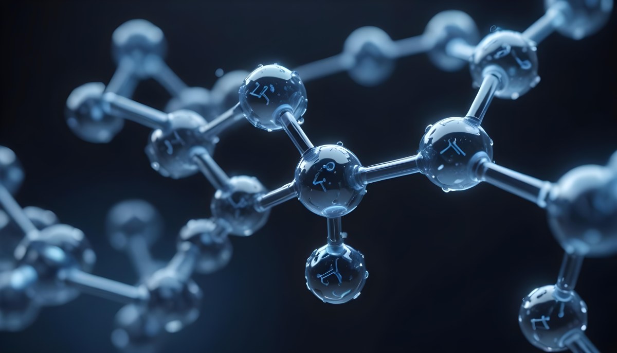 3d Model Molecule Structure With Interconnected Spheres Transparent Material Blue Tint Scientific Visualization Dark Background With Bokeh Effect Representing Molecular Connections And Research Figure Octane Rend 7 D64d