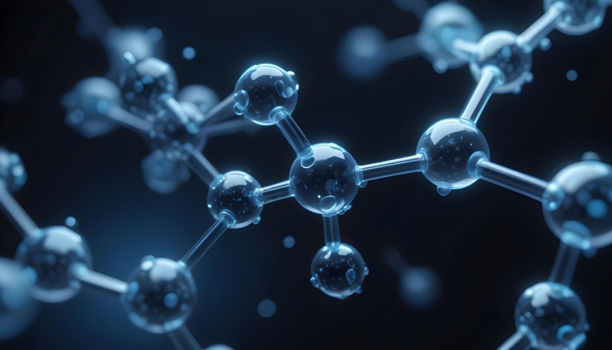 3d Model Molecule Structure With Interconnected Spheres Transparent Material Blue Tint Scientific Visualization Dark Background With Bokeh Effect Representing Molecular Connections And Research Figure Octane Rend 8 2c12