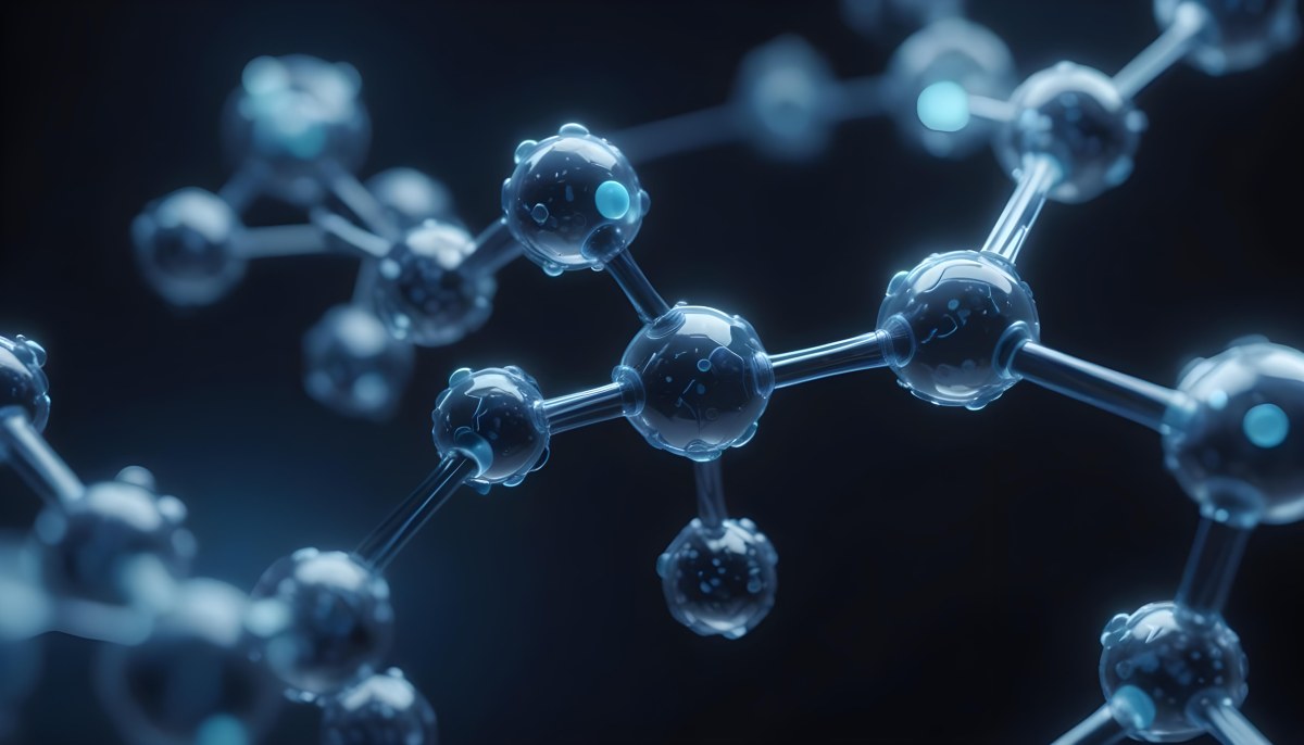 3d Model Molecule Structure With Interconnected Spheres Transparent Material Blue Tint Scientific Visualization Dark Background With Bokeh Effect Representing Molecular Connections And Research Figure Octane Rend 9 Aca1