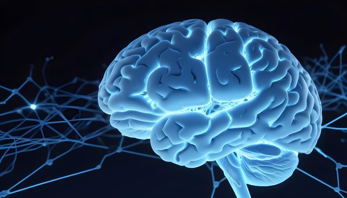 A Blue Human Brain With Dark Connections Representing Neural Networks And Cognitive Function On A Dark Blue Background 4 90a9