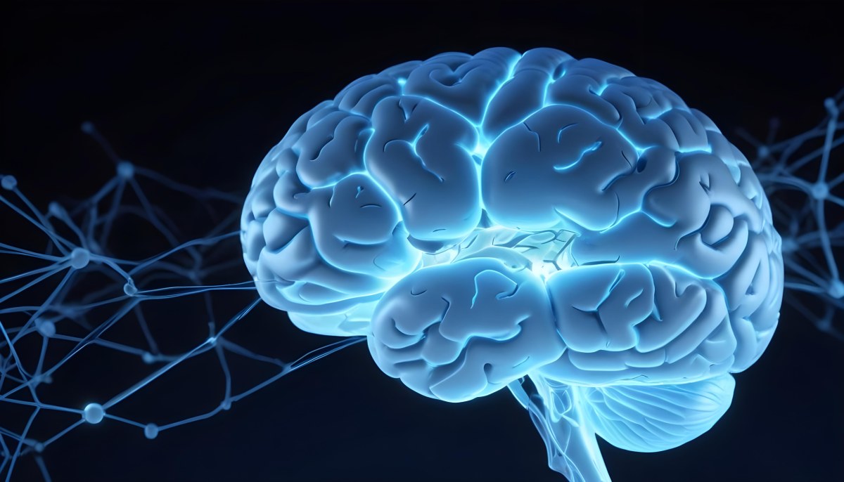 A Blue Human Brain With Dark Connections Representing Neural Networks And Cognitive Function On A Dark Blue Background 7 21a3