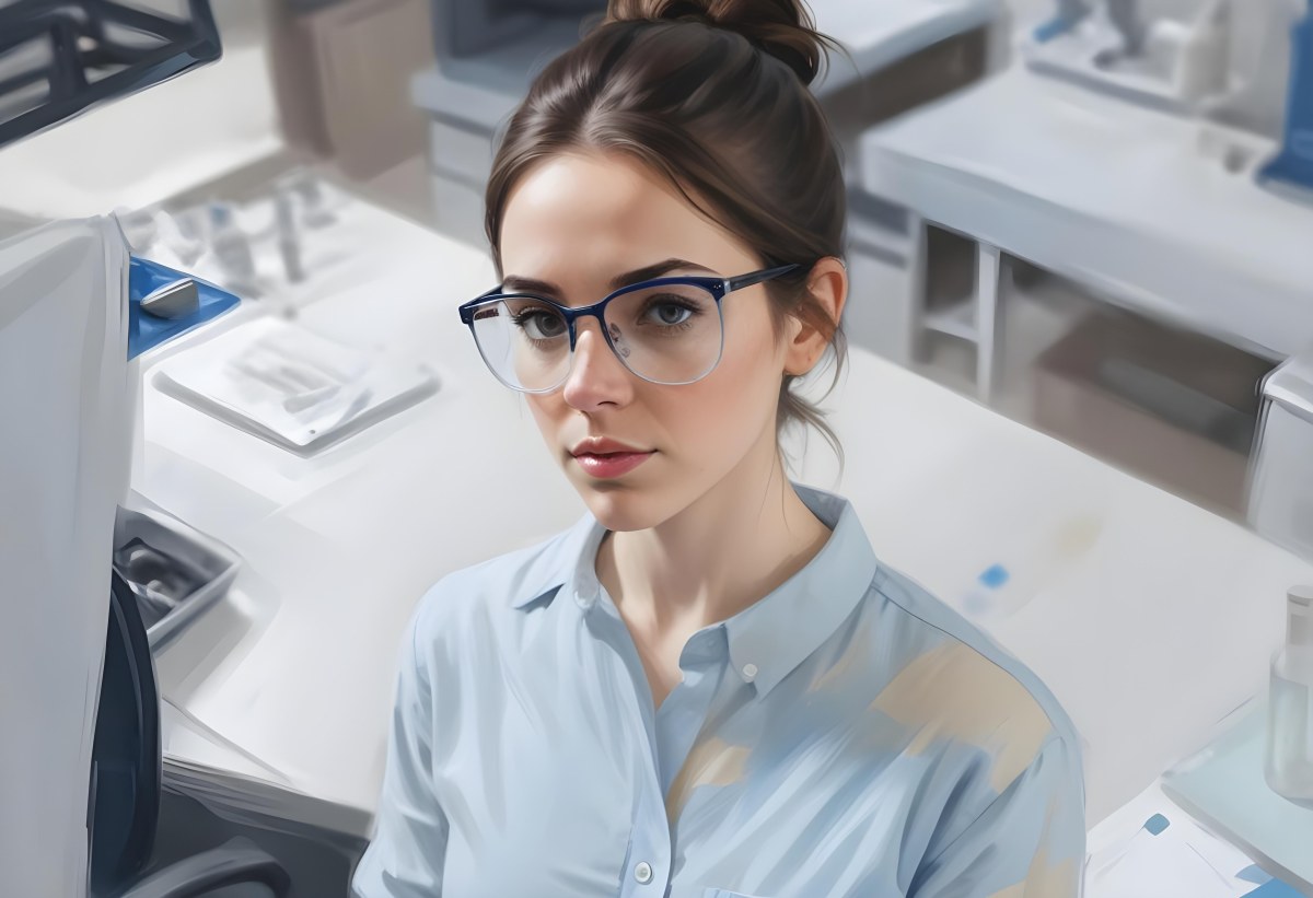 A Caucasian Woman 25 Years Old Brown Hair Wearing Safety Glasses And A Blue Shirt In A Laboratory 6 91ee