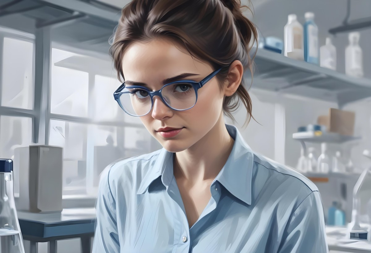 A Caucasian Woman 25 Years Old Brown Hair Wearing Safety Glasses And A Blue Shirt In A Laboratory 9 239a