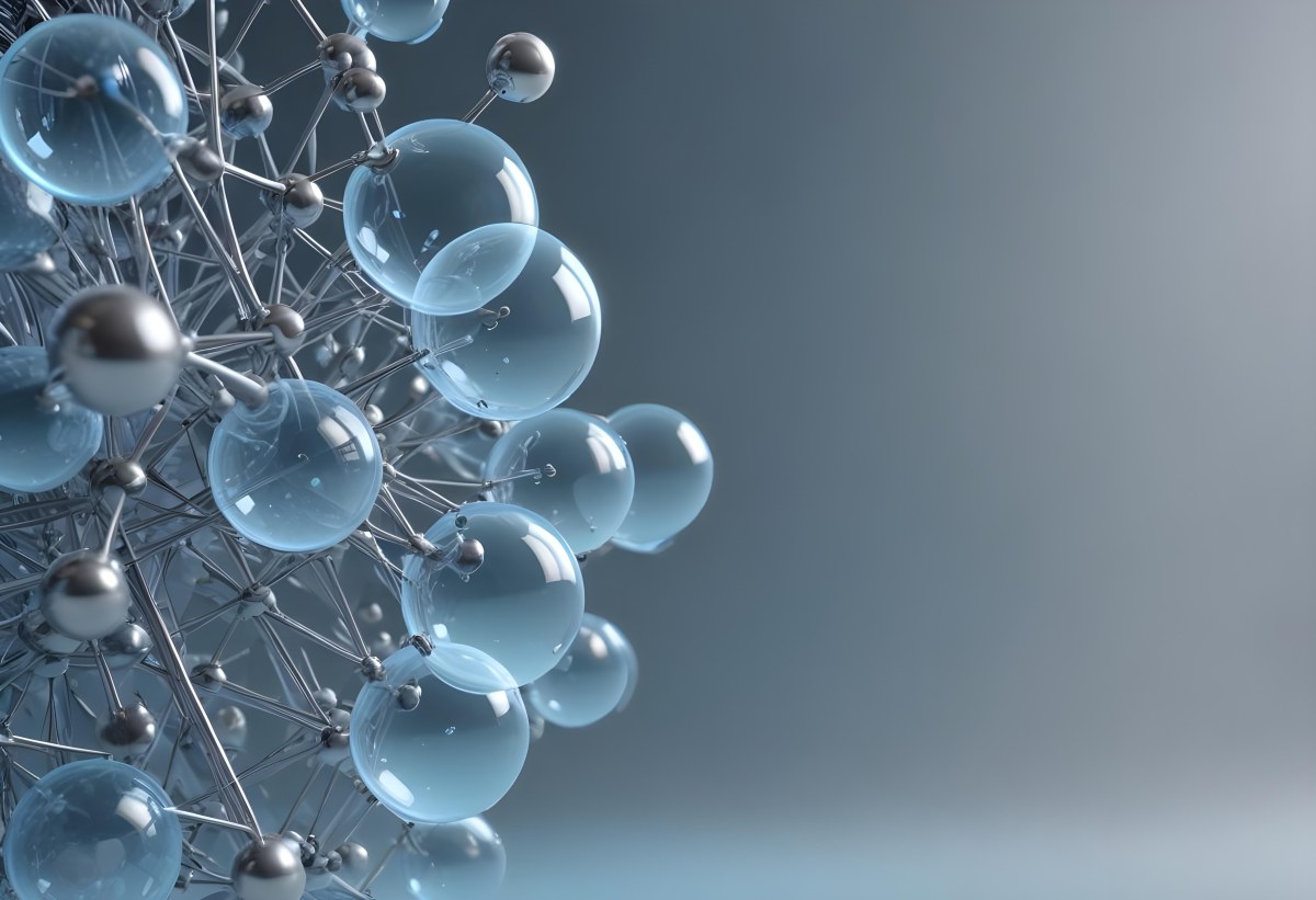 A Cluster Of Transparent Spheres Connected By Thin Rods Creating A Complex Network Soft Blue And Gray Gradient Background 36 823e