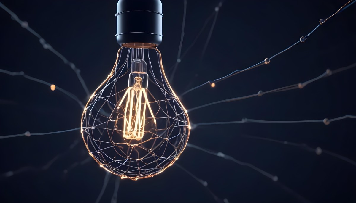 A Light Bulb With A Glowing Filament Surrounded By A Network Of Interconnected Lines And Dots On A Dark Blue Background 5 5c95