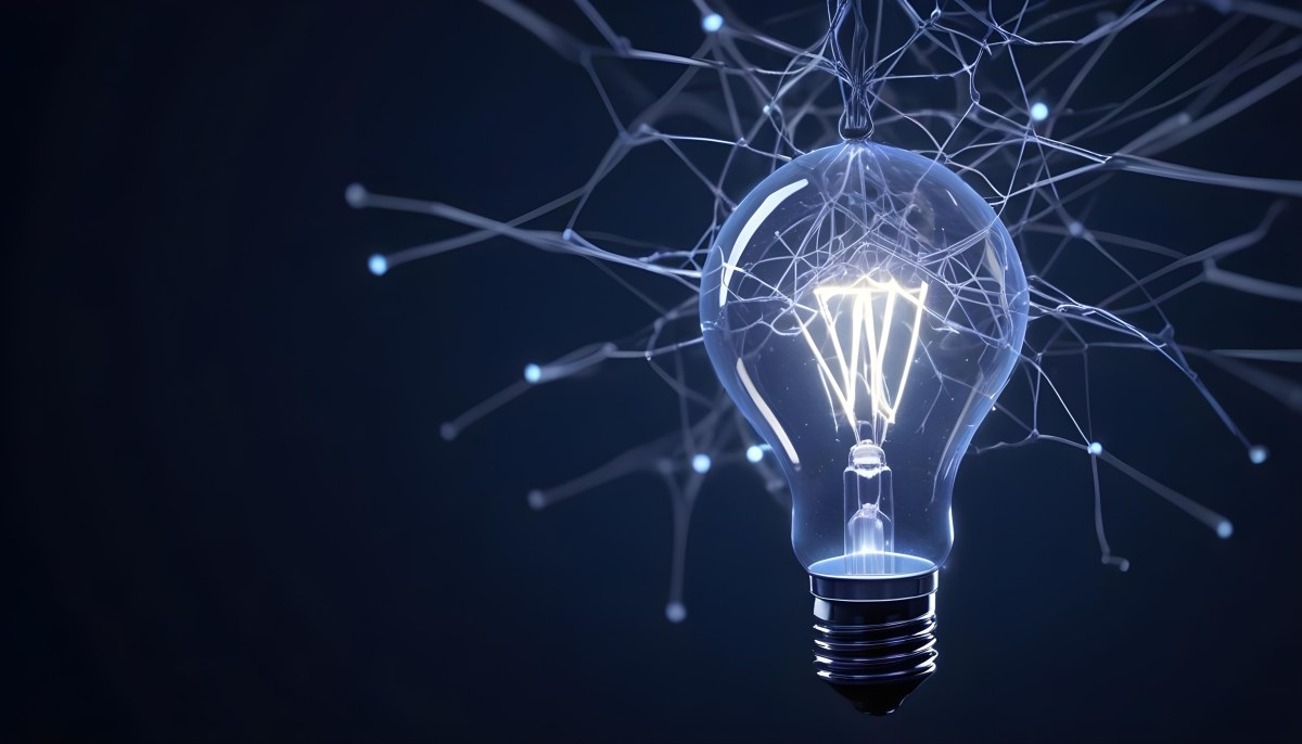 A Light Bulb With A Glowing Filament Surrounded By A Network Of Interconnected Lines And Dots On A Dark Blue Background 9 7d97