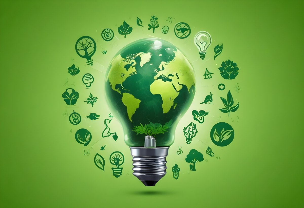 A Light Bulb With A Green Earth Texture Surrounded By Ecology Icons On A Green Background With A World Map 19 5098