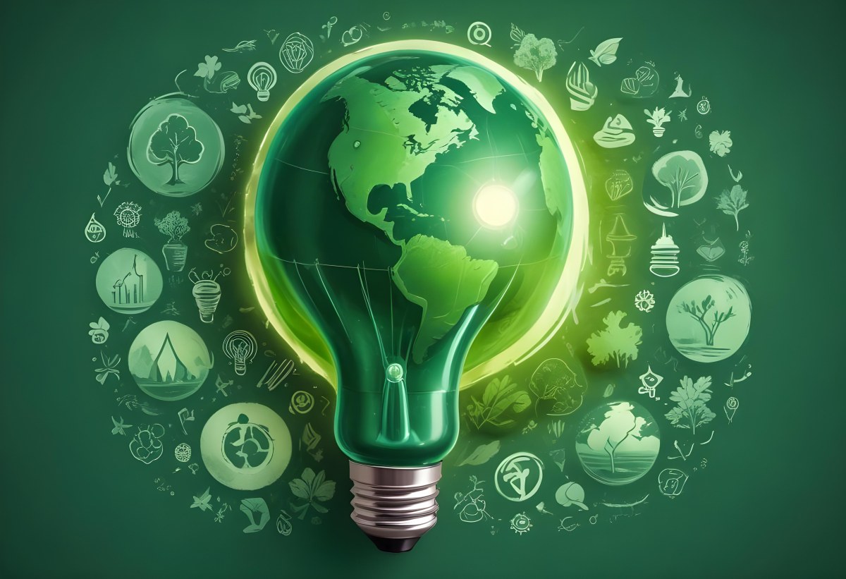 A Light Bulb With A Green Earth Texture Surrounded By Ecology Icons On A Green Background With A World Map 30 2dee