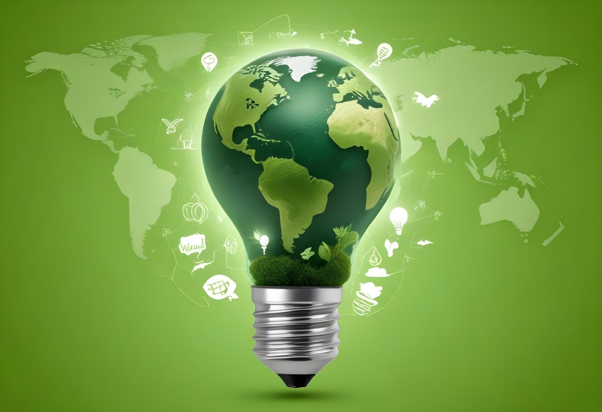 A Light Bulb With A Green Earth Texture Surrounded By Ecology Icons On A Green Background With A World Map 34 C0ae