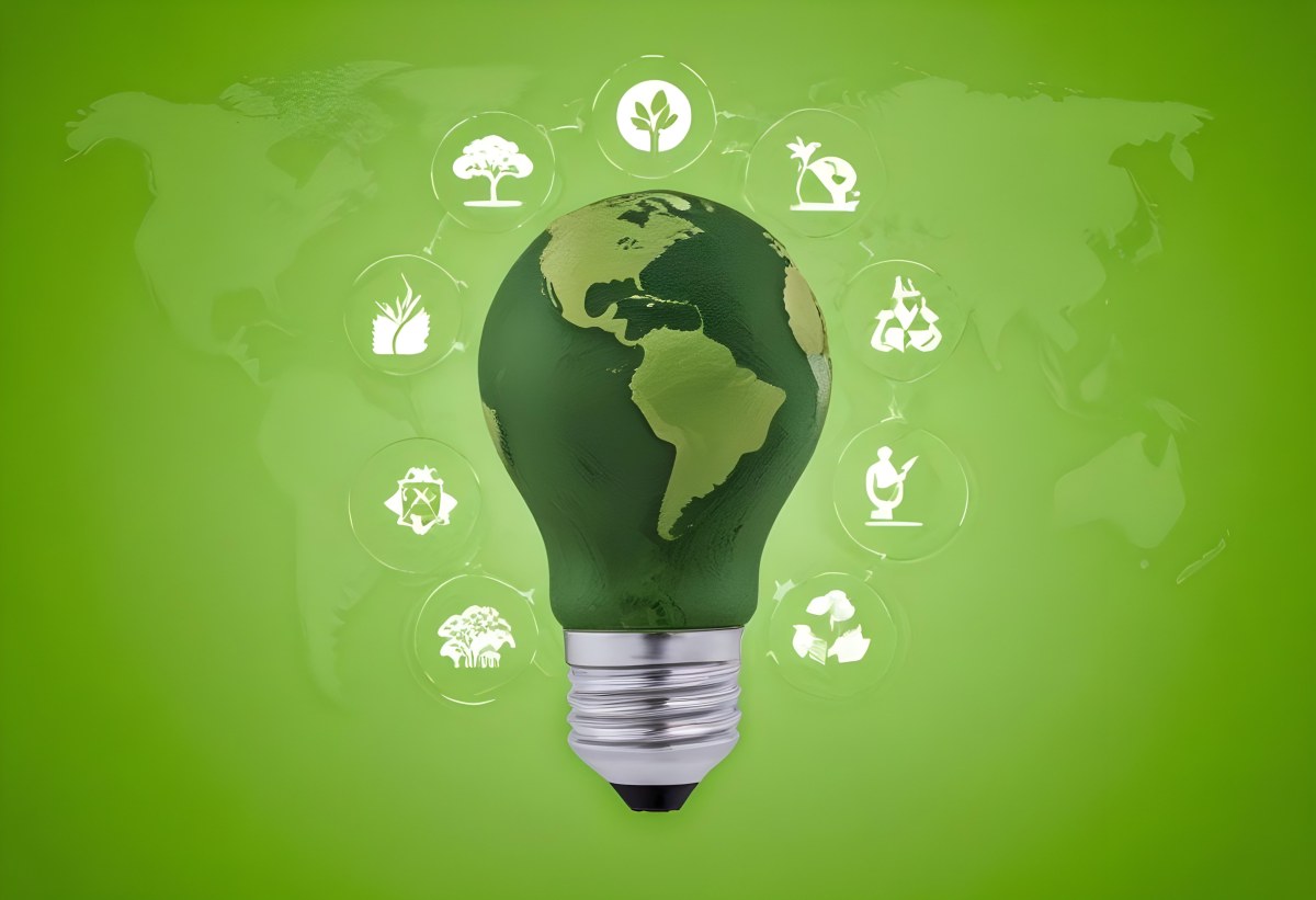 A Light Bulb With A Green Earth Texture Surrounded By Ecology Icons On A Green Background With A World Map 43 463c