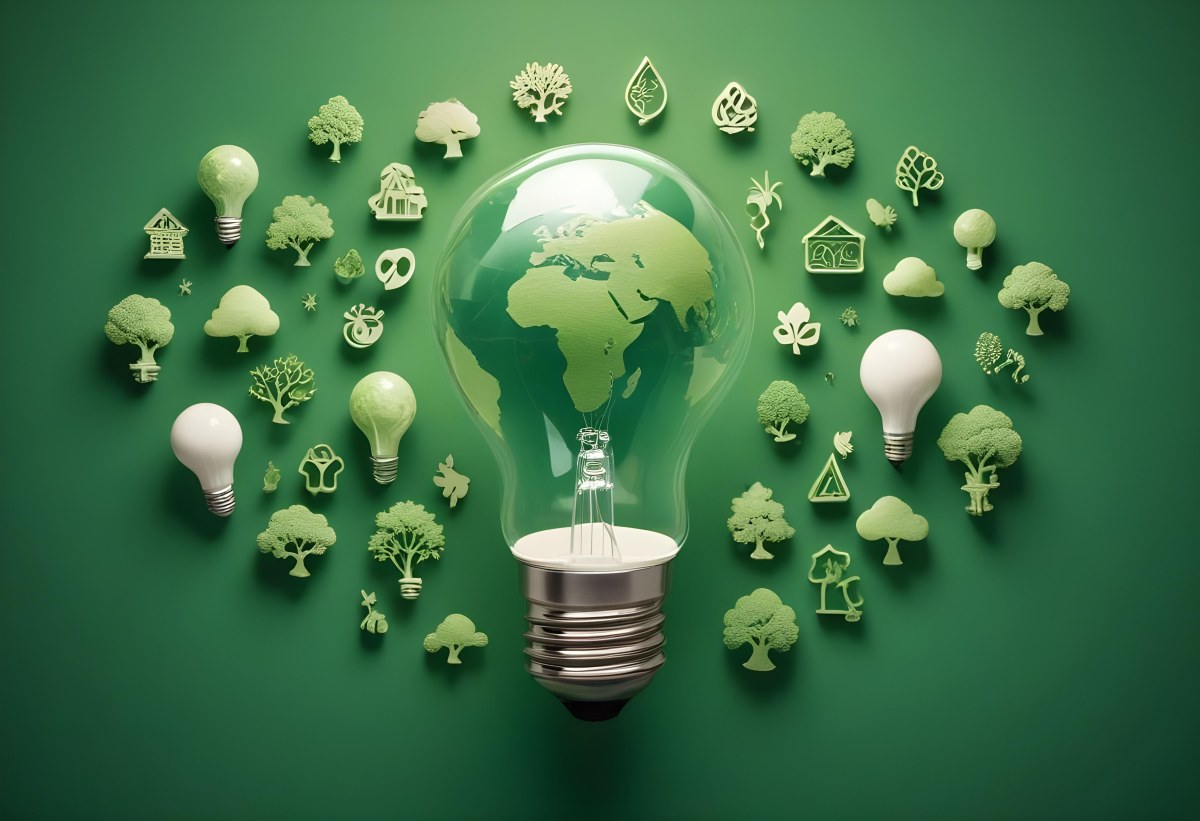 A Light Bulb With A Green Earth Texture Surrounded By Ecology Icons On A Green Background With A World Map 46 5ce7